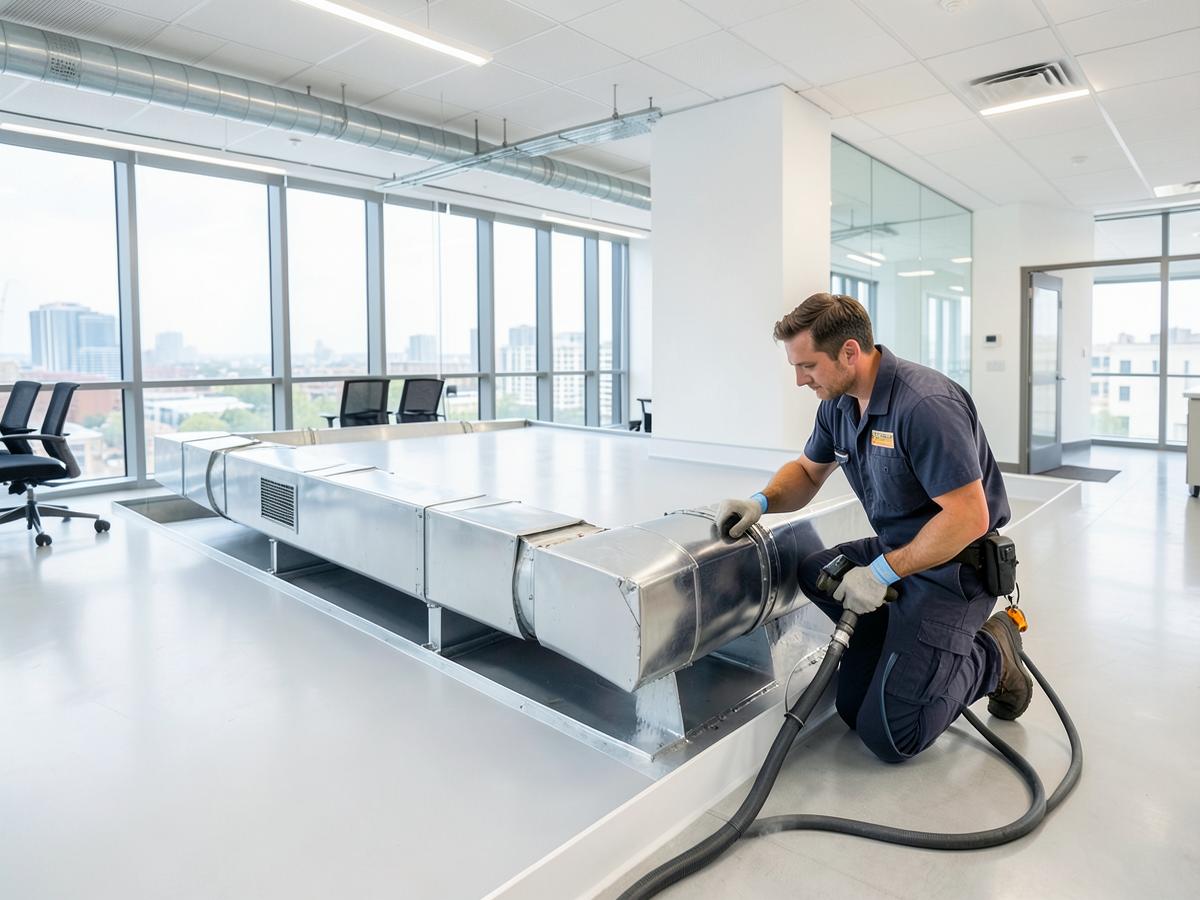 Technician servicing commercial ductwork inside a modern Richmond office space