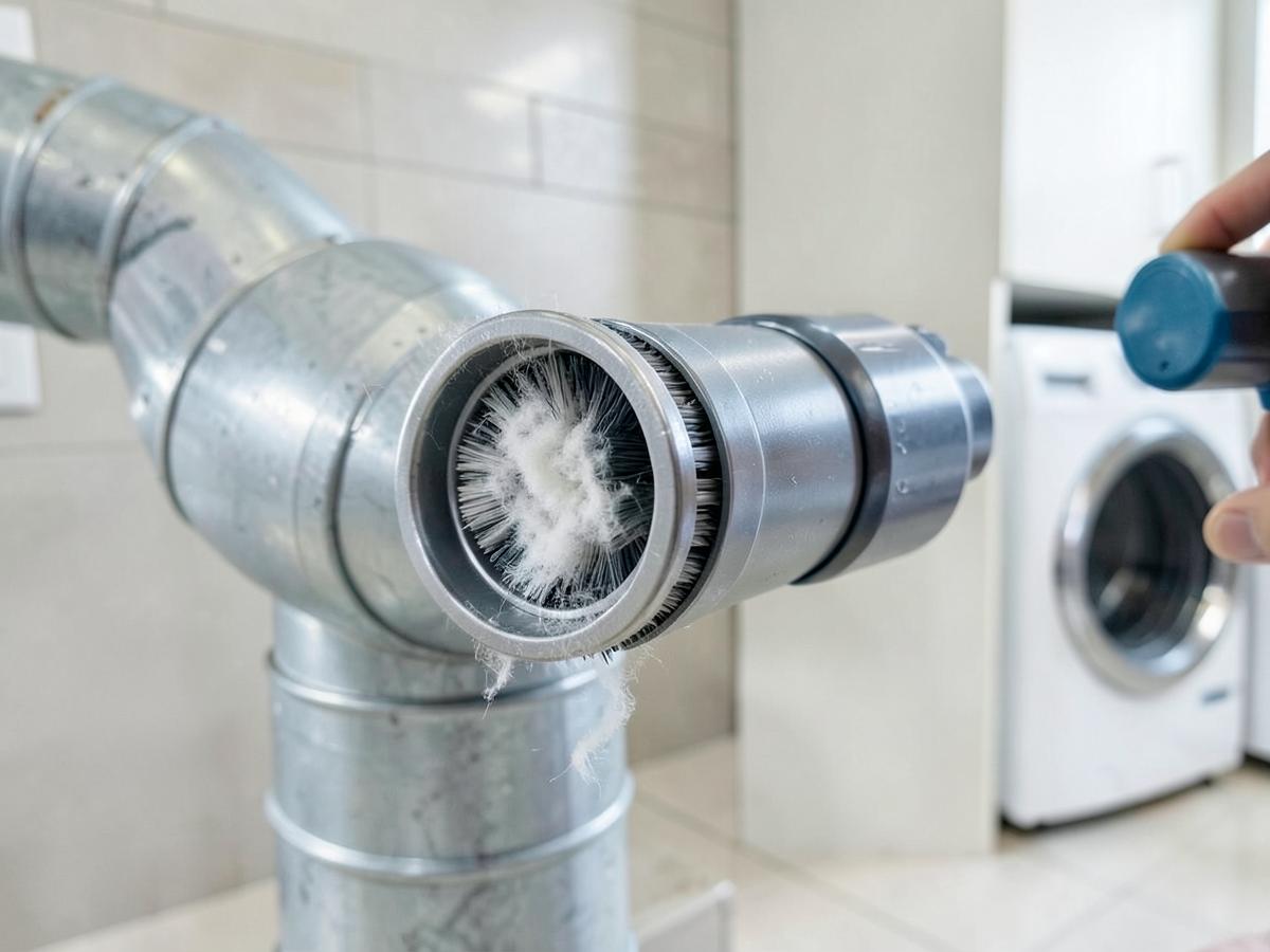 Rotary brush clearing lint from a metal dryer vent duct in a Richmond area laundry room